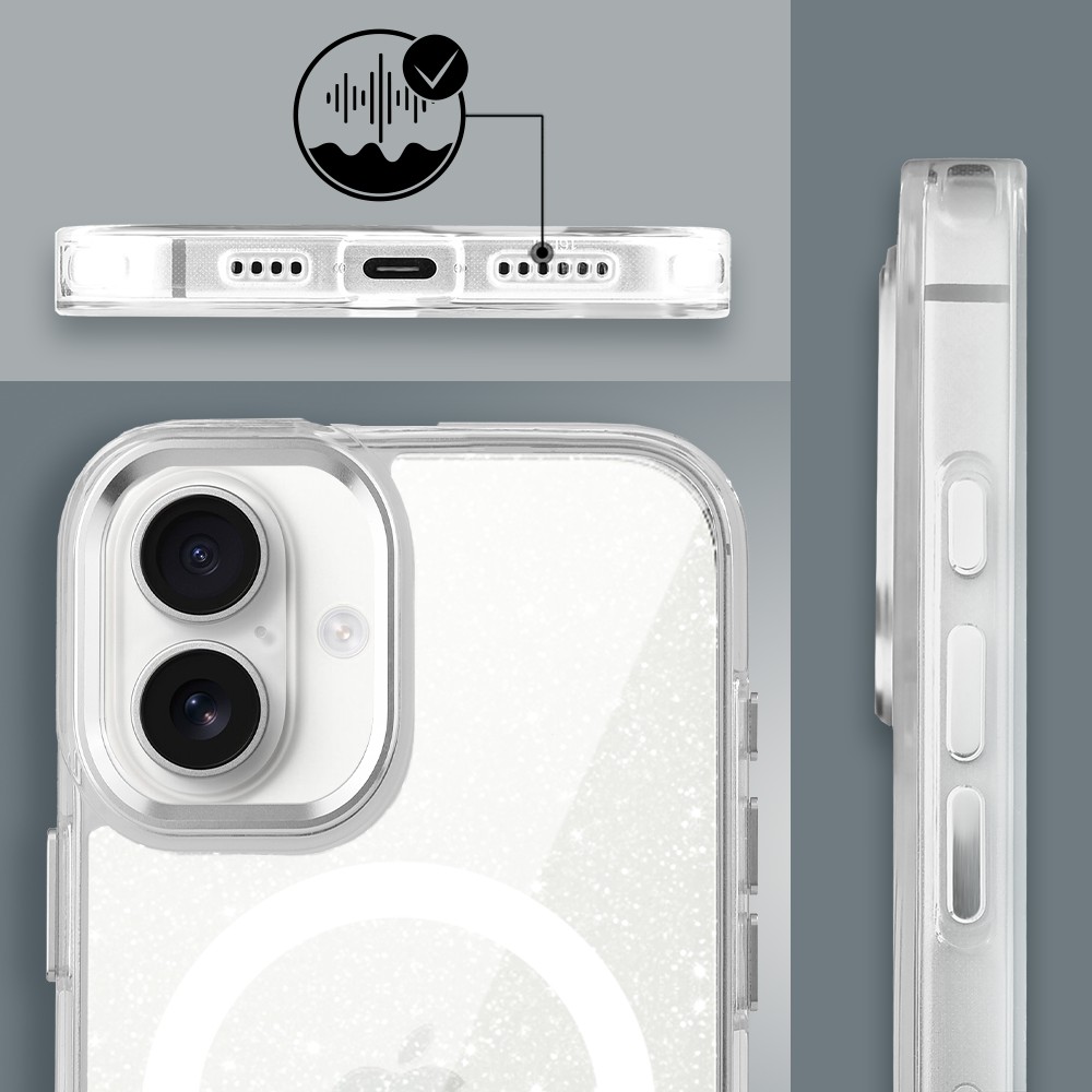 Etui do iPhone 17 Super Hybrid Sparkle z MagSafe, błyszczący, twardy brokatowy tył, metalowe ozdoby, przeźroczyste Obszar kompozycji 6