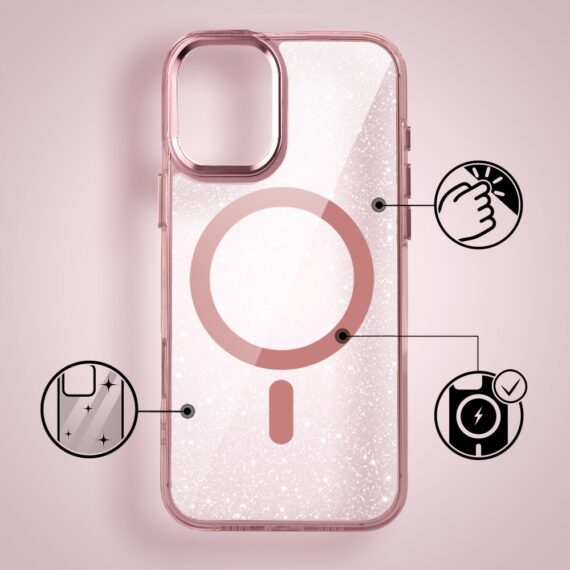 Etui do iPhone 17 Super Hybrid Sparkle z MagSafe, błyszczący, twardy brokatowy tył, metalowe ozdoby, różowe (10)