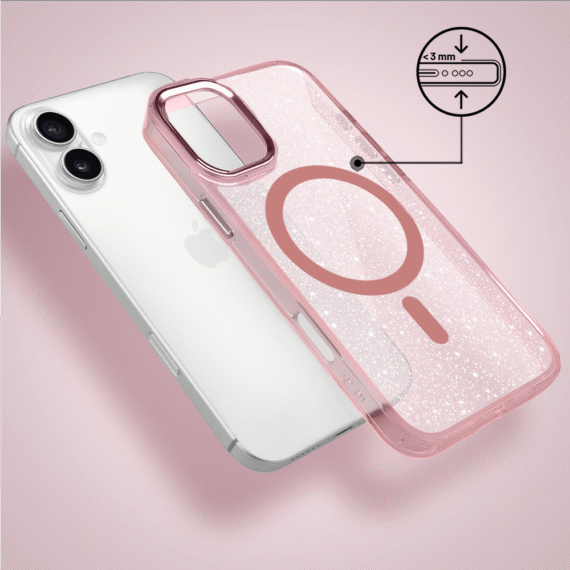 Etui do iPhone 17 Super Hybrid Sparkle z MagSafe, błyszczący, twardy brokatowy tył, metalowe ozdoby, różowe (2)