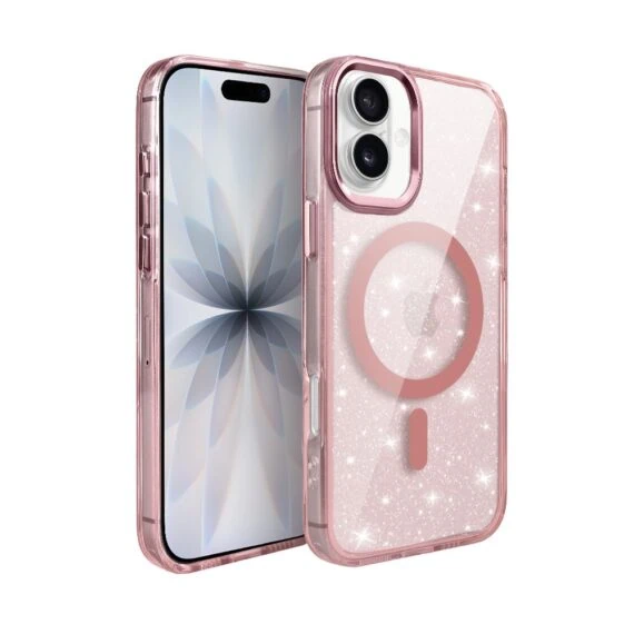 Etui do iPhone 17 Super Hybrid Sparkle z MagSafe, błyszczący, twardy brokatowy tył, metalowe ozdoby, różowe (8)