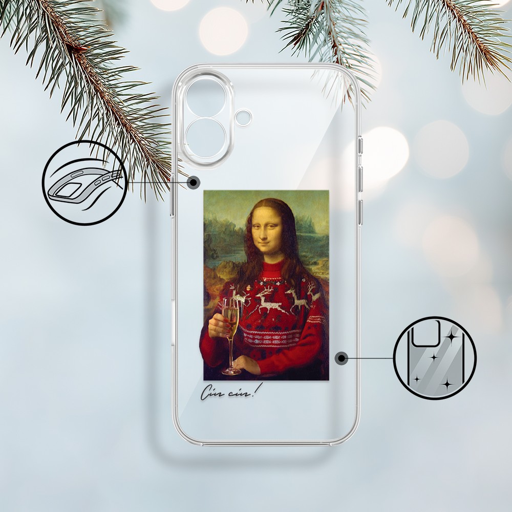Etui do iPhone 17, świąteczna Mona Lisa z szampanem, przeźroczyste 17-1