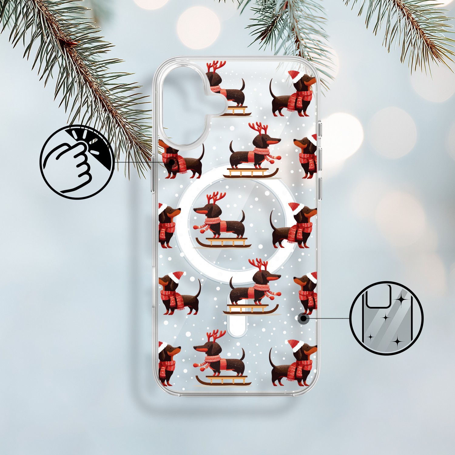Etui do iPhone 17 z MagSafe, Przytulne święta, Jamniki na saniach, przeźroczyste 17-1