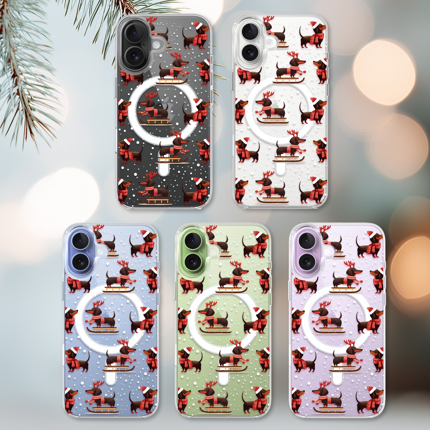 Etui do iPhone 17 z MagSafe, Przytulne święta, Jamniki na saniach, przeźroczyste 17-2