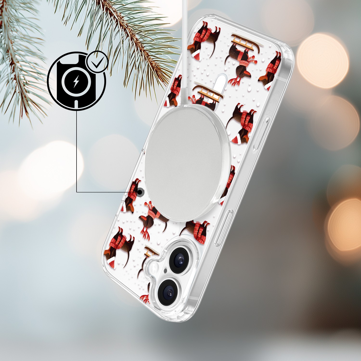 Etui do iPhone 17 z MagSafe, Przytulne święta, Jamniki na saniach, przeźroczyste 17-3