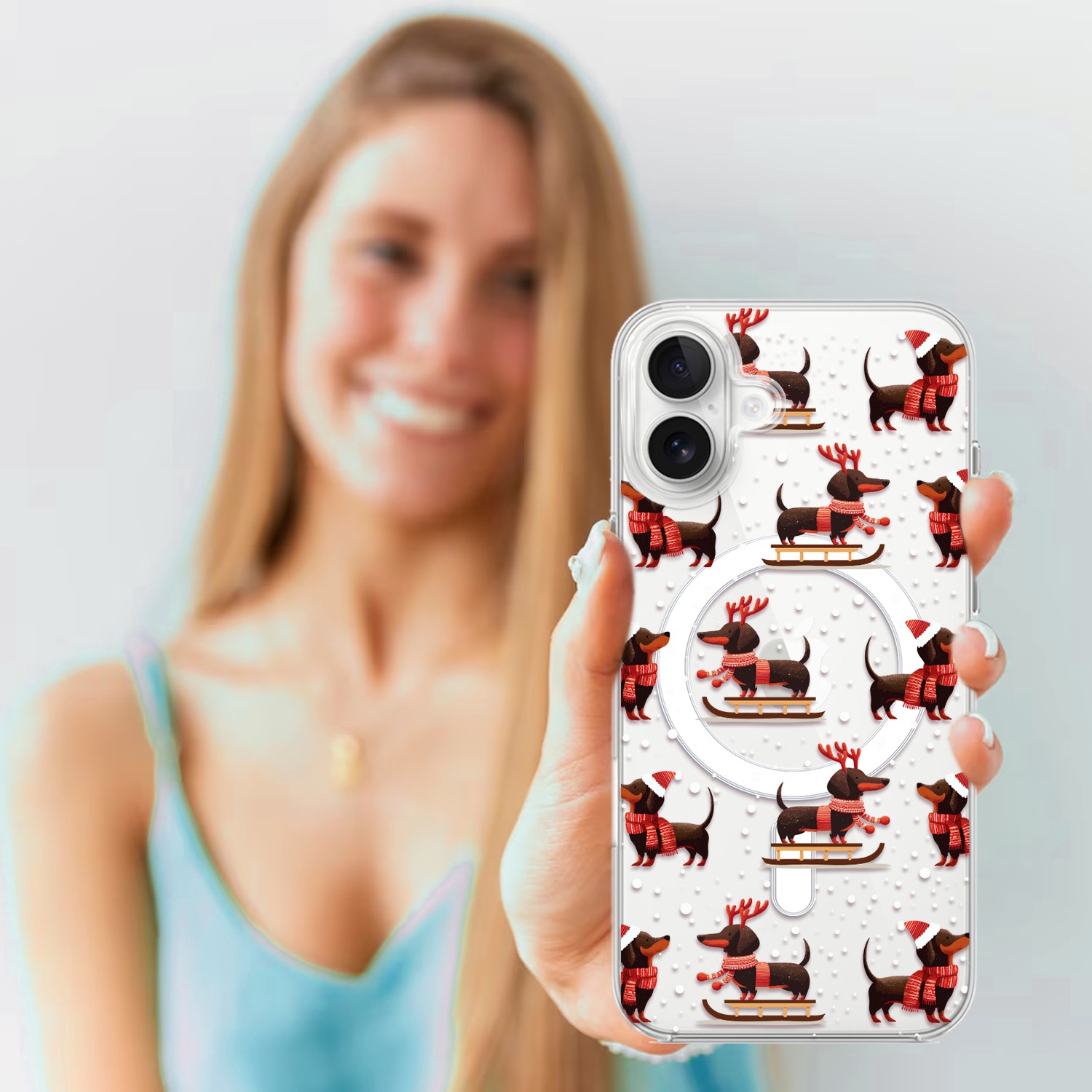 Etui do iPhone 17 z MagSafe, Przytulne święta, Jamniki na saniach, przeźroczyste 17-4