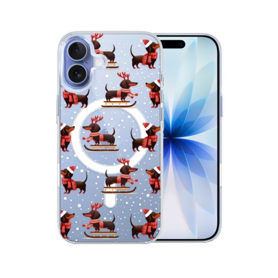 Etui do iPhone 17 z MagSafe, Przytulne święta, Jamniki na saniach, przeźroczyste 17