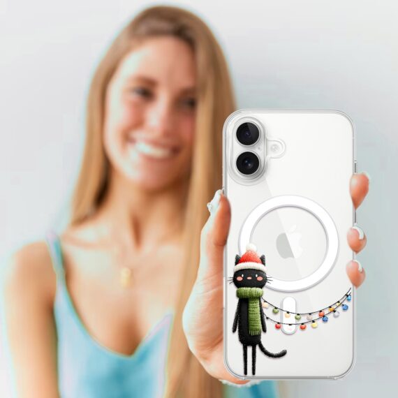 Etui do iPhone 17 z MagSafe, Przytulne święta, Kot przebrany za elfa, przeźroczyste 17-4