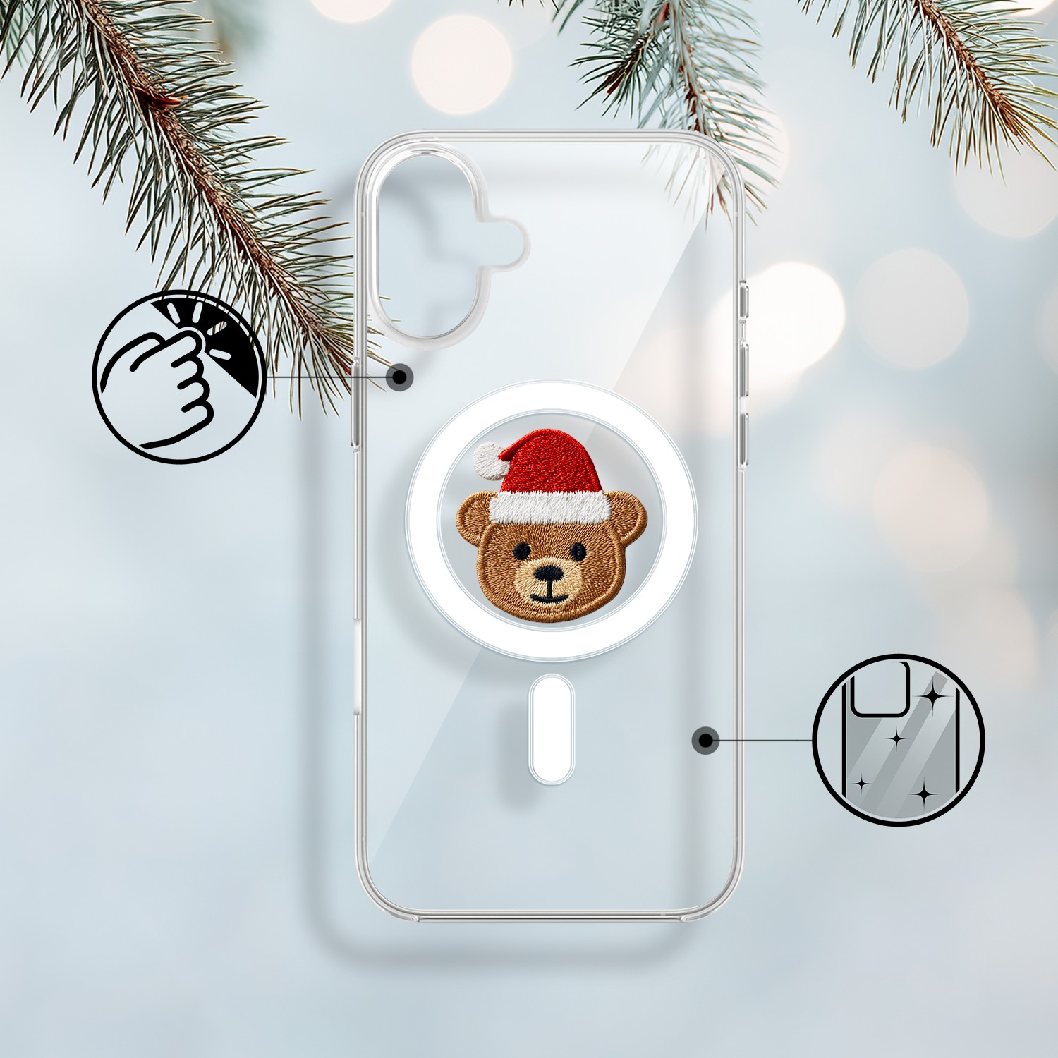 Etui do iPhone 17 z MagSafe, Przytulne święta, Miś Mikołajek, przeźroczyste 17-1