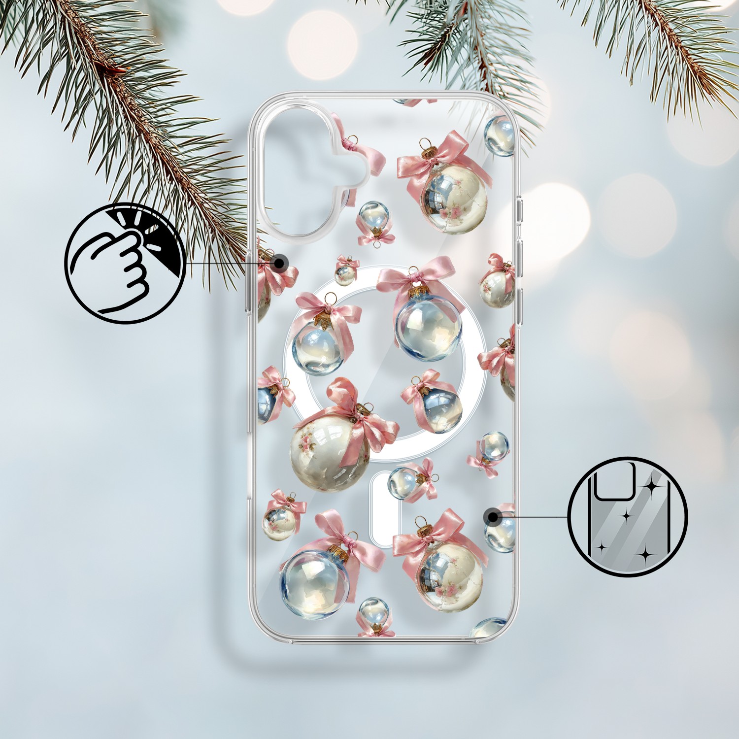 Etui do iPhone 17 z MagSafe, Przytulne święta, Pastelowe bombki, przeźroczyste 17-1