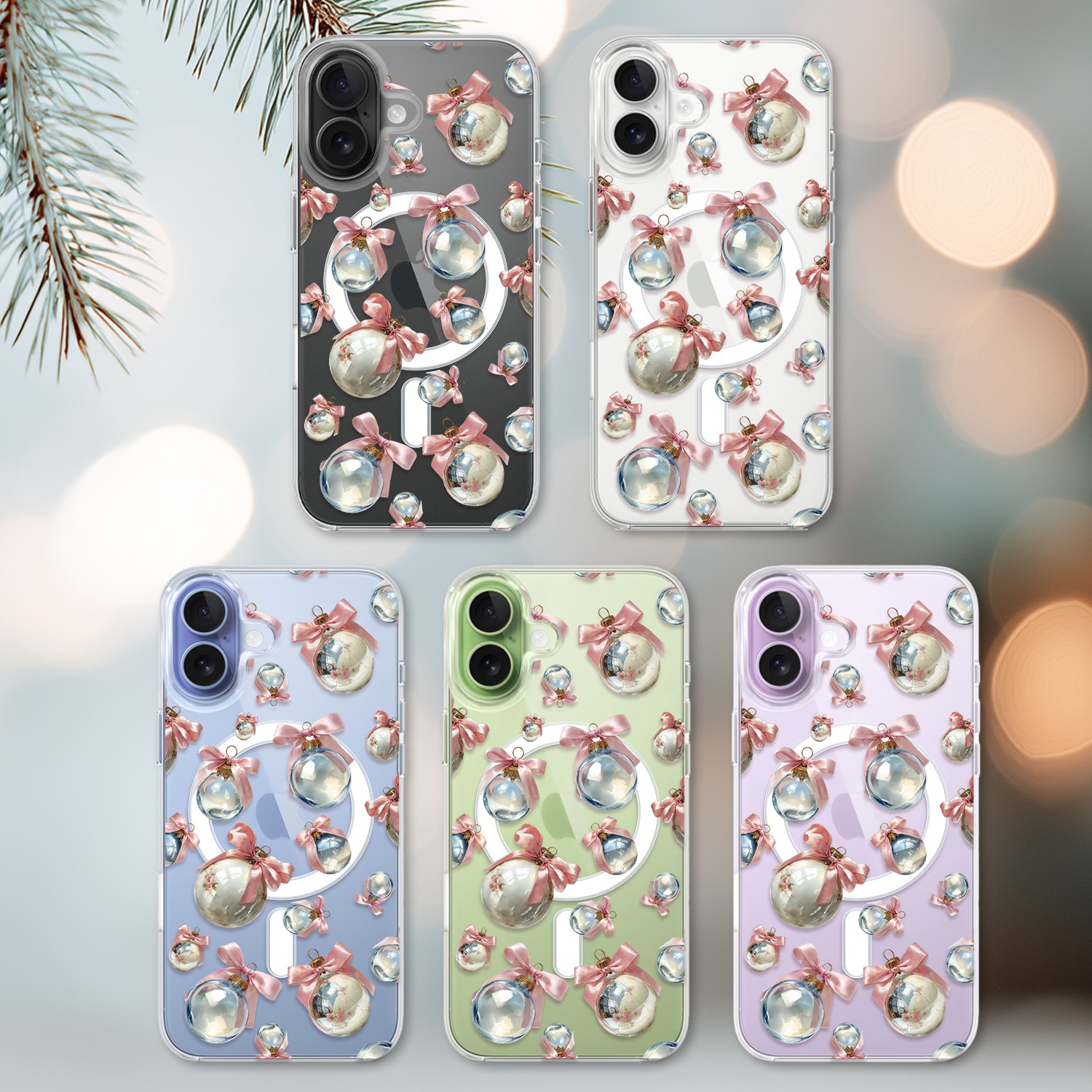 Etui do iPhone 17 z MagSafe, Przytulne święta, Pastelowe bombki, przeźroczyste 17-2