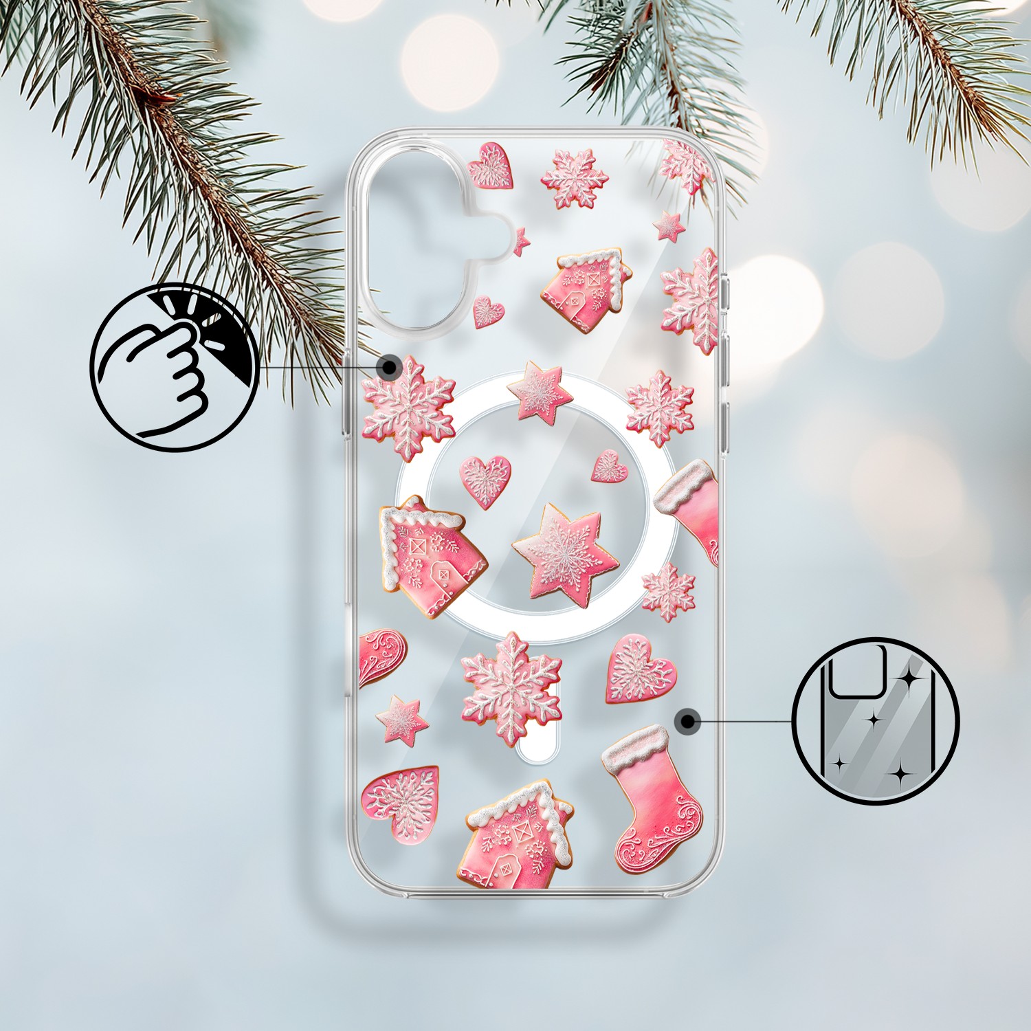 Etui do iPhone 17 z MagSafe, Przytulne święta, Różowe pierniczki, przeźroczyste17-1