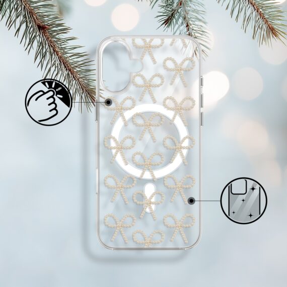 Etui do iPhone 17 z MagSafe, Przytulne święta, Złote kokardki, przeźroczyste 17-1
