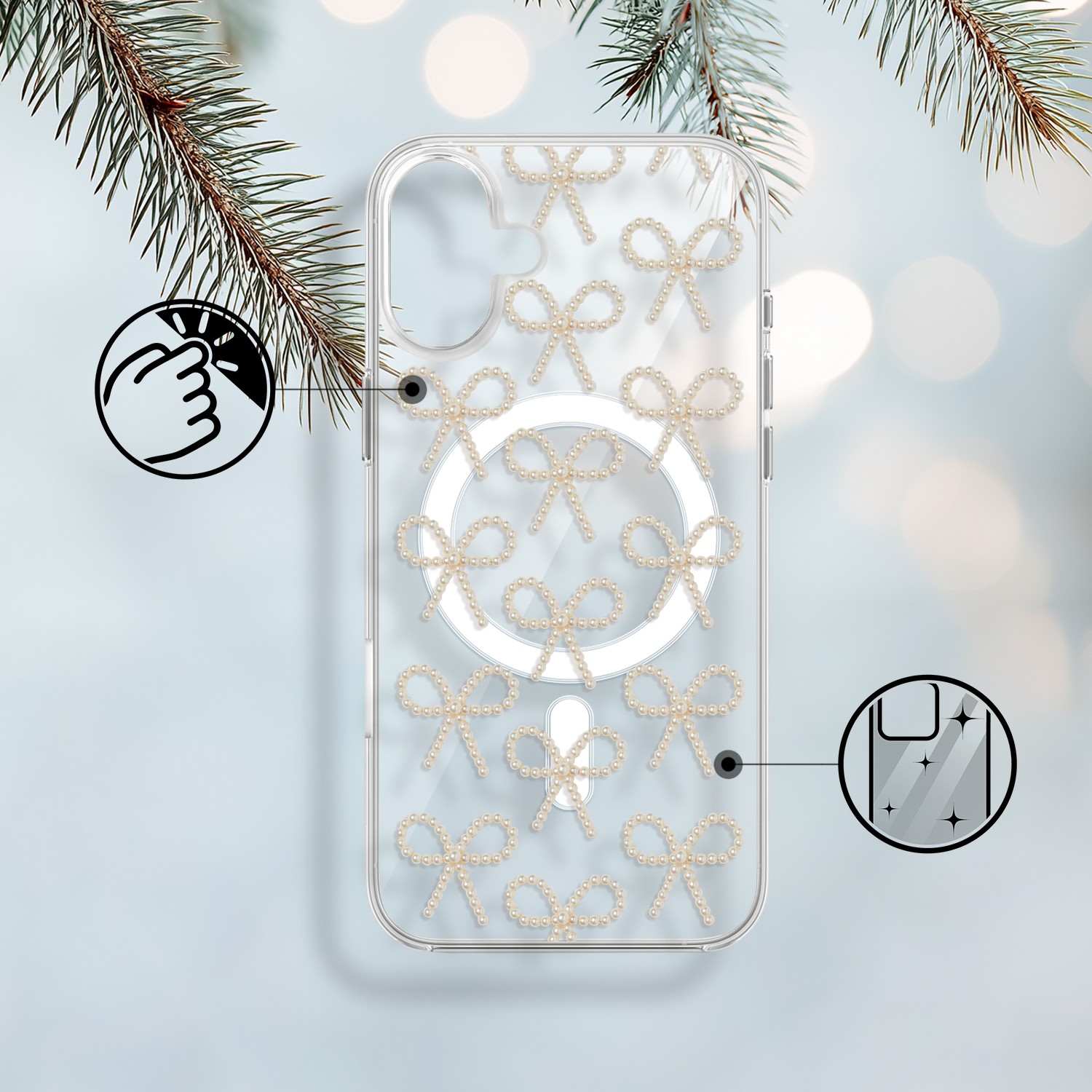 Etui do iPhone 17 z MagSafe, Przytulne święta, Złote kokardki, przeźroczyste 17-1