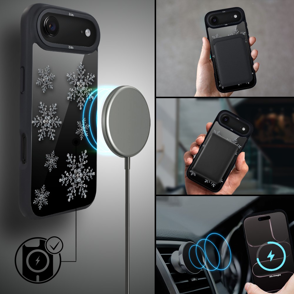Etui do iPhone Air IBIZU DropGuard Matt z MagSafe, Zimowa magia, Płatki śniegu na czarnym lustrze AIR_DM-4