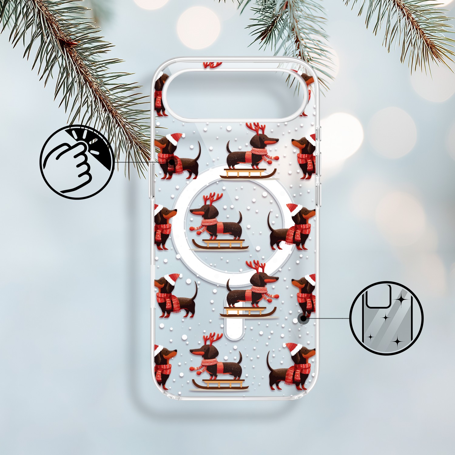 Etui do iPhone Air z MagSafe, Przytulne święta, Jamniki na saniach, przeźroczyste1