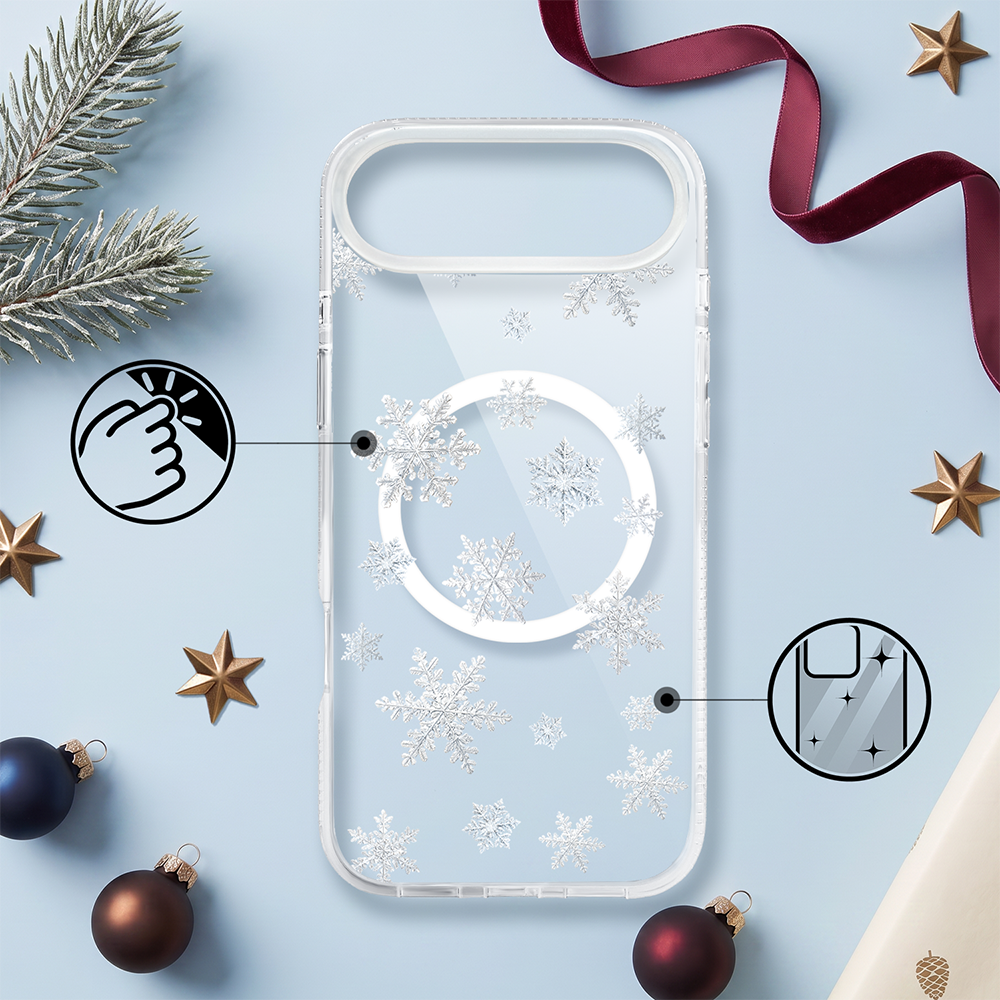 etui do iphone air z magsafe, zimowa magia, delikatne płatki śniegu, przeźroczyste