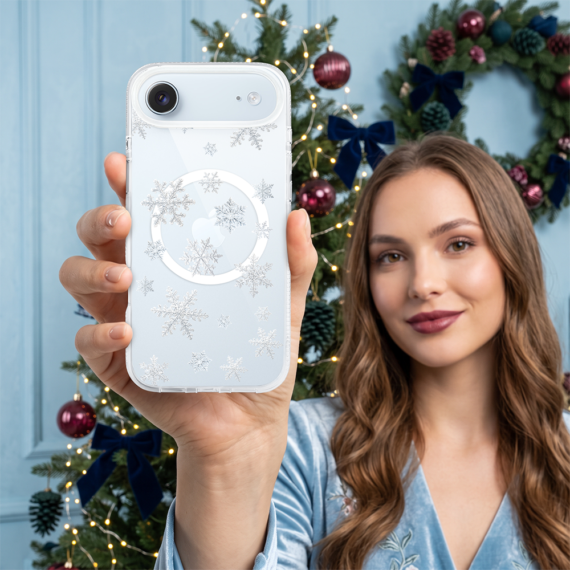 etui do iphone air z magsafe, zimowa magia, delikatne płatki śniegu, przeźroczyste