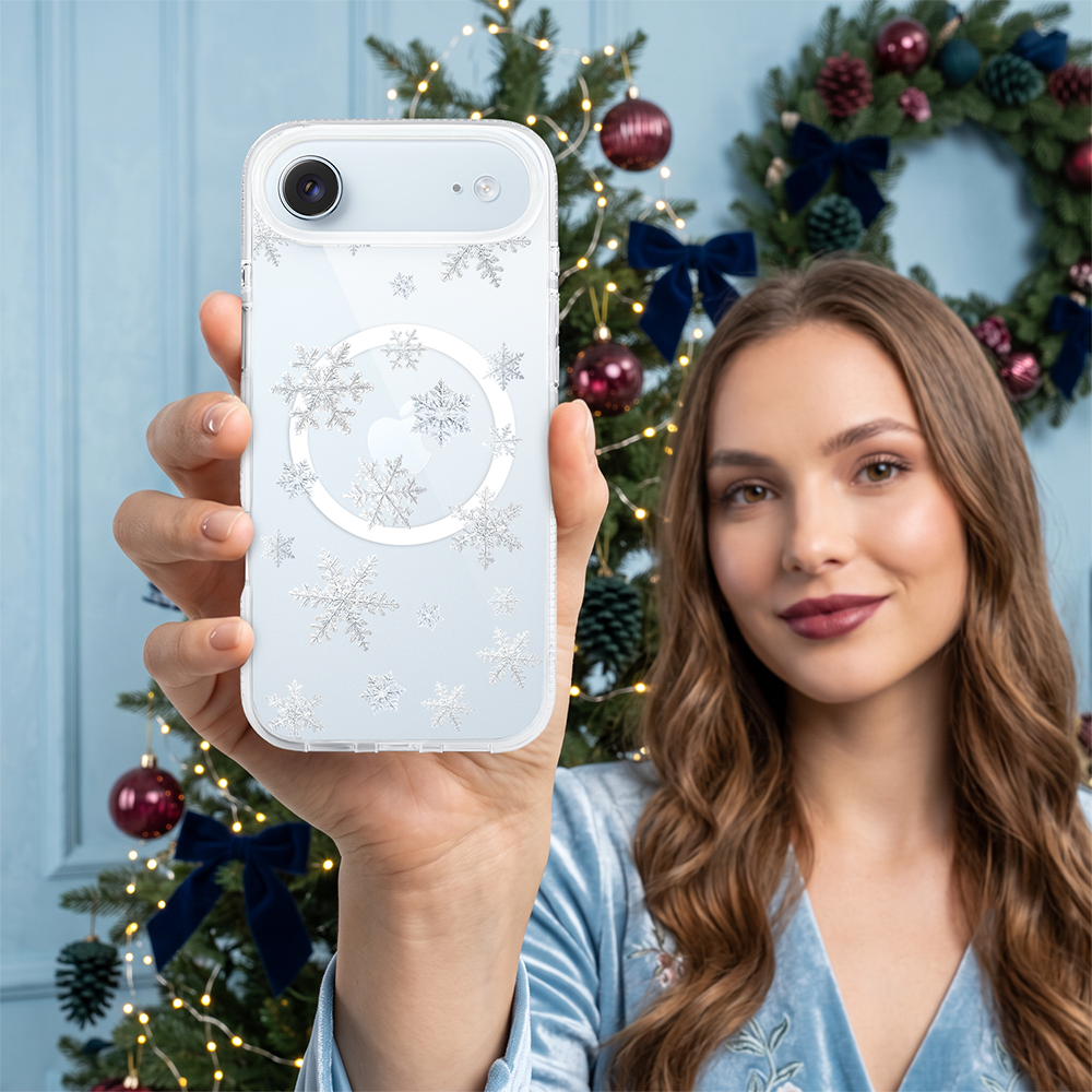 etui do iphone air z magsafe, zimowa magia, delikatne płatki śniegu, przeźroczyste