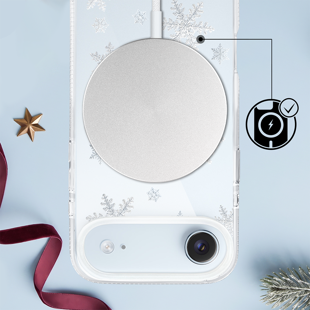 etui do iphone air z magsafe, zimowa magia, delikatne płatki śniegu, przeźroczyste