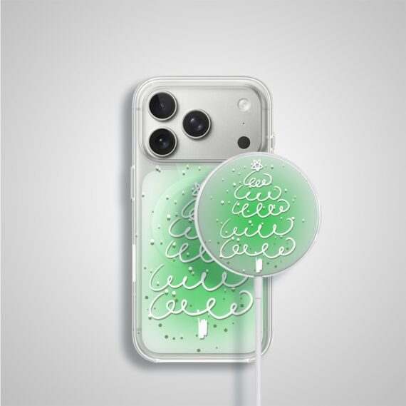 Etui na ładowarkę MagSafe antypoślizgowe, transparentne z nadrukiem malowana zielona choinka 17 pro-2