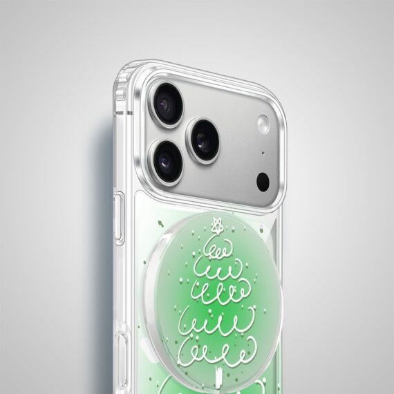 Etui na ładowarkę MagSafe antypoślizgowe, transparentne z nadrukiem malowana zielona choinka 17 pro