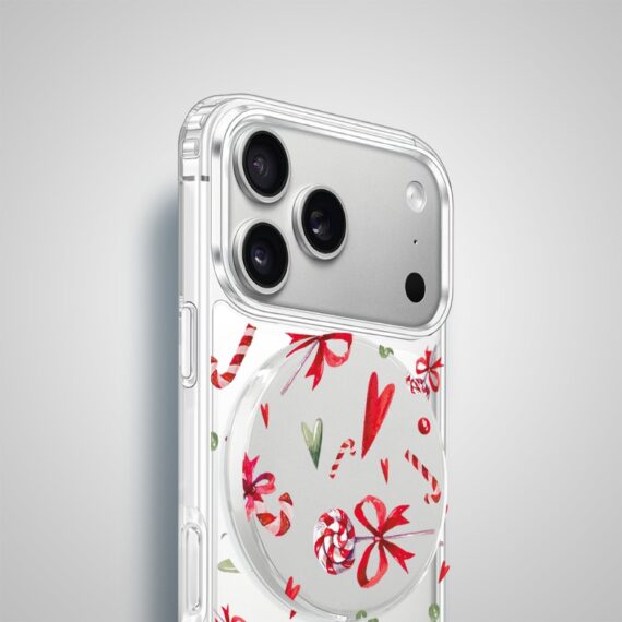 Etui na ładowarkę MagSafe antypoślizgowe, transparentne z wzorem cukierki świąteczne 17 pro