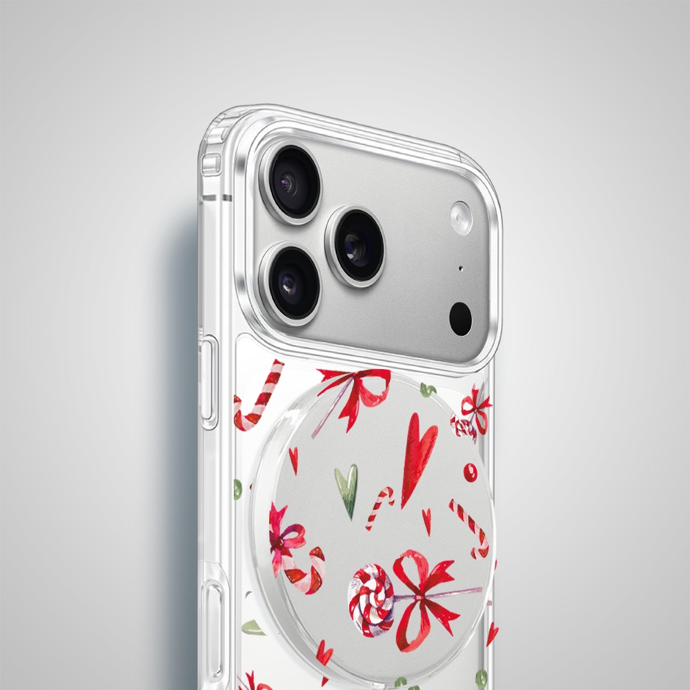 Etui na ładowarkę MagSafe antypoślizgowe, transparentne z wzorem cukierki świąteczne 17 pro