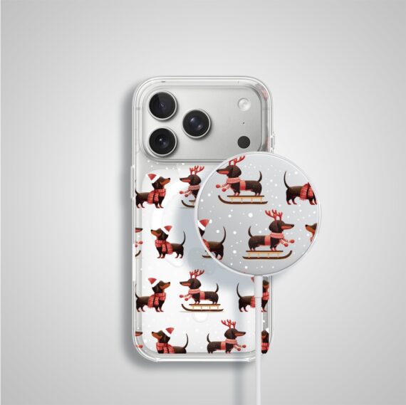 Etui na ładowarkę MagSafe antypoślizgowe, transparentne z wzorem jamniki na saniach 17 pro-2