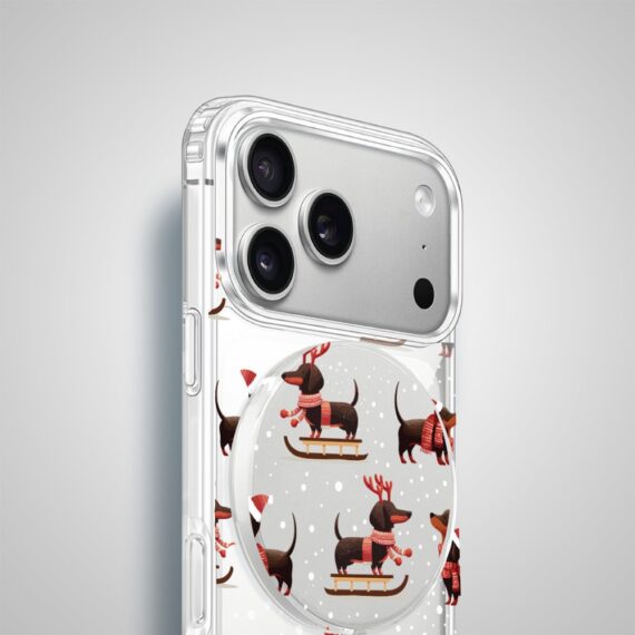 Etui na ładowarkę MagSafe antypoślizgowe, transparentne z wzorem jamniki na saniach 17 pro