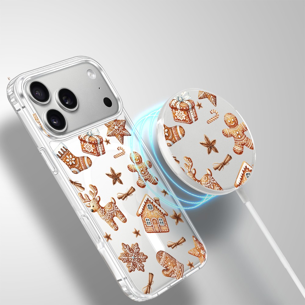 Etui na ładowarkę MagSafe antypoślizgowe, transparentne z wzorem magia pierniczków 17 pro-3