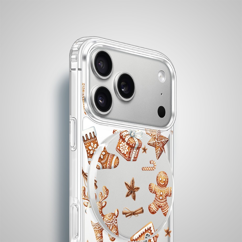 Etui na ładowarkę MagSafe antypoślizgowe, transparentne z wzorem magia pierniczków 17 pro