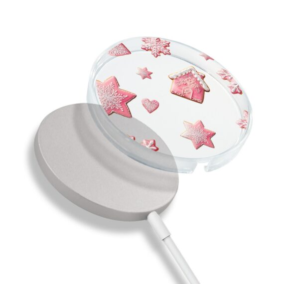 Etui na ładowarkę MagSafe antypoślizgowe, transparentne z wzorem różowe pierniczki 17 pro