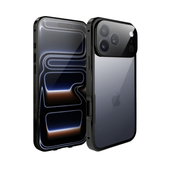 Obudowa do iPhone 17 Pro Max, podwójna szyba i aluminium 360° przód + tył magnetyczna, z osłoną aparatu i szkłem prywatyzującym, czarna (1)