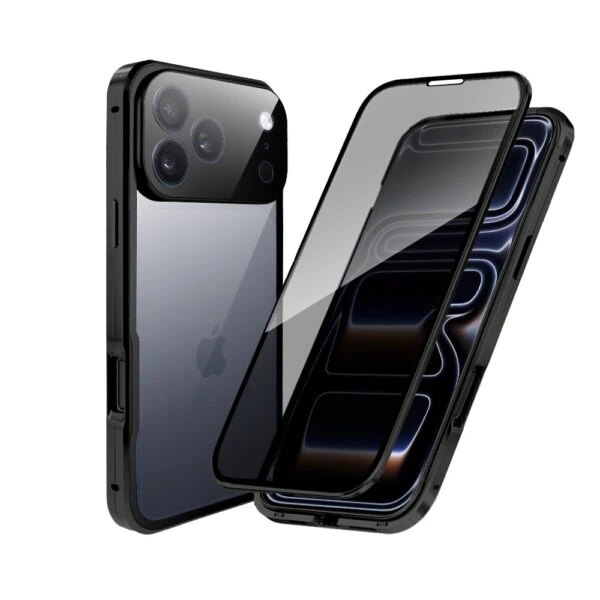 Obudowa do iPhone 17 Pro, podwójna szyba i aluminium 360° przód + tył magnetyczna, z osłoną aparatu i szkłem prywatyzującym, czarna