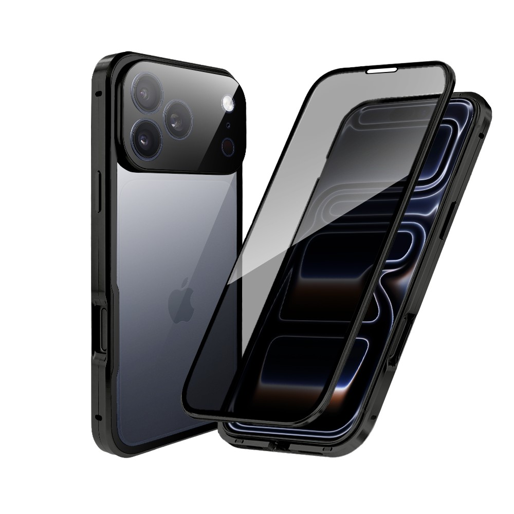 Obudowa do iPhone 17 Pro Max, podwójna szyba i aluminium 360° przód + tył magnetyczna, z osłoną aparatu i szkłem prywatyzującym, czarna