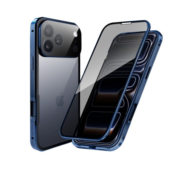 Obudowa do iPhone 17 Pro Max, podwójna szyba i aluminium 360° przód + tył magnetyczna, z osłoną aparatu i szkłem prywatyzującym, granatowa Artboard 3