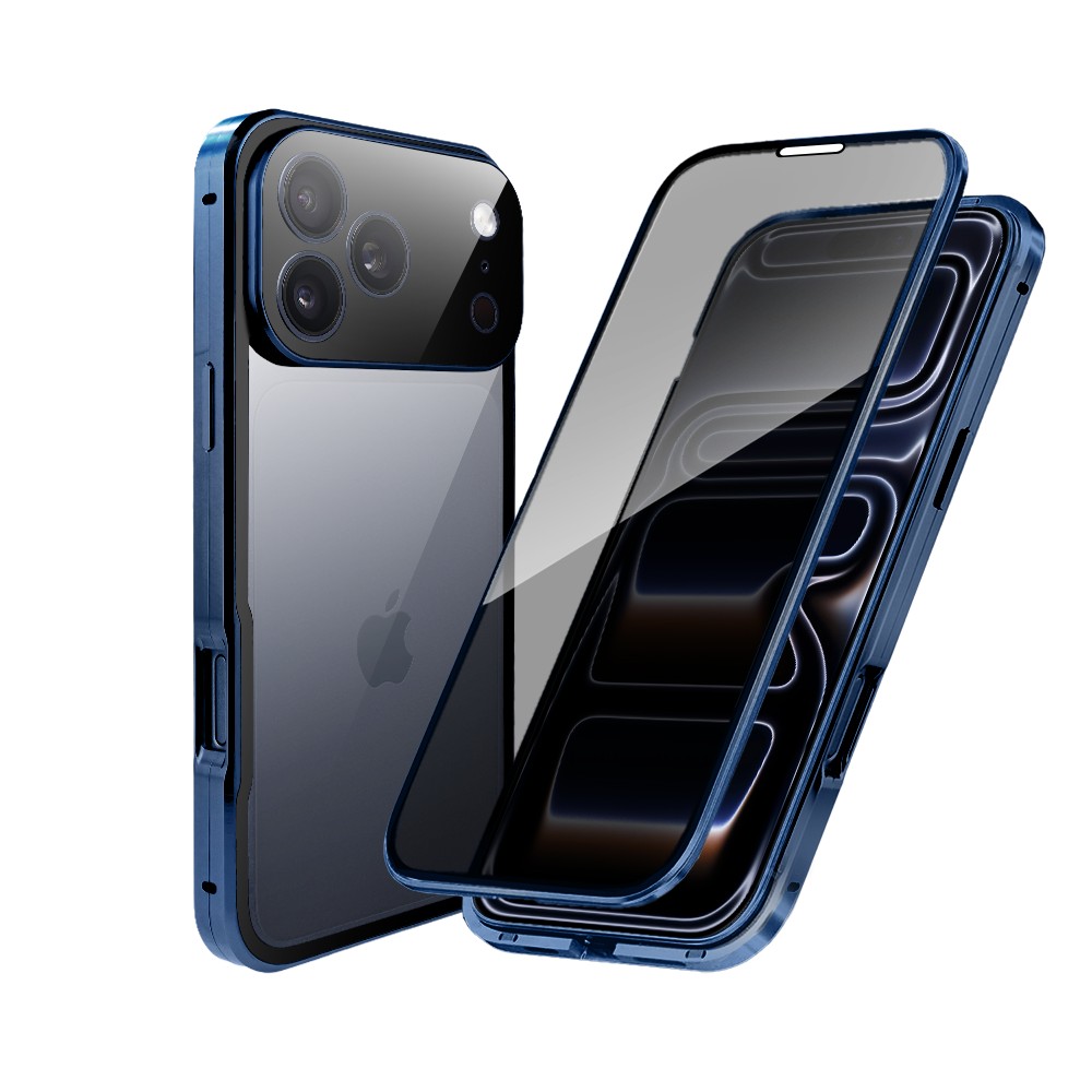 Obudowa do iPhone 17 Pro Max, podwójna szyba i aluminium 360° przód + tył magnetyczna, z osłoną aparatu i szkłem prywatyzującym, granatowa