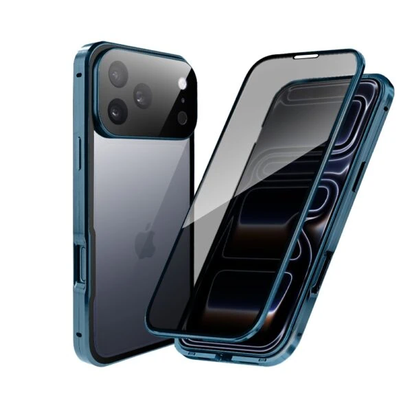 Obudowa do iPhone 17 Pro, podwójna szyba i aluminium 360° przód + tył magnetyczna, z osłoną aparatu i szkłem prywatyzującym, granatowa