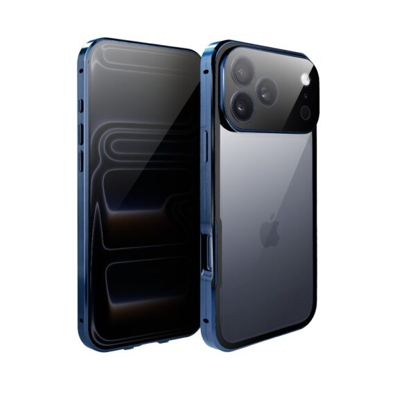 Obudowa do iPhone 17 Pro Max, podwójna szyba i aluminium 360° przód + tył magnetyczna, z osłoną aparatu i szkłem prywatyzującym, granatowa Obszar kompozycji 1