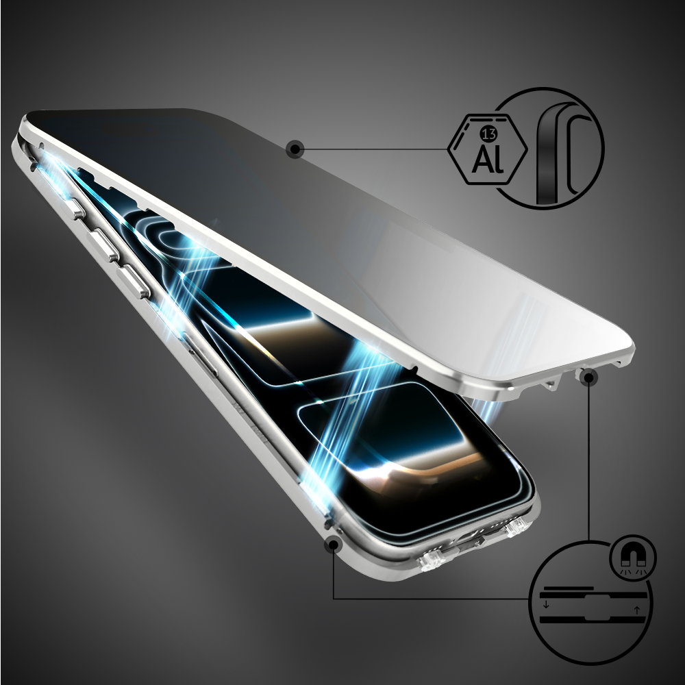 Obudowa do iPhone 17 Pro Max, podwójna szyba i aluminium 360° przód + tył magnetyczna, z osłoną aparatu i szkłem prywatyzującym, srebrna (1)