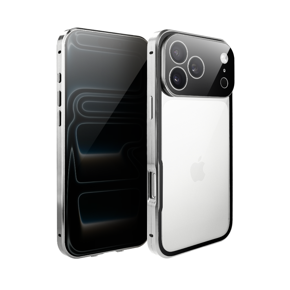 Obudowa do iPhone 17 Pro Max, podwójna szyba i aluminium 360° przód + tył magnetyczna, z osłoną aparatu i szkłem prywatyzującym, srebrna (10)