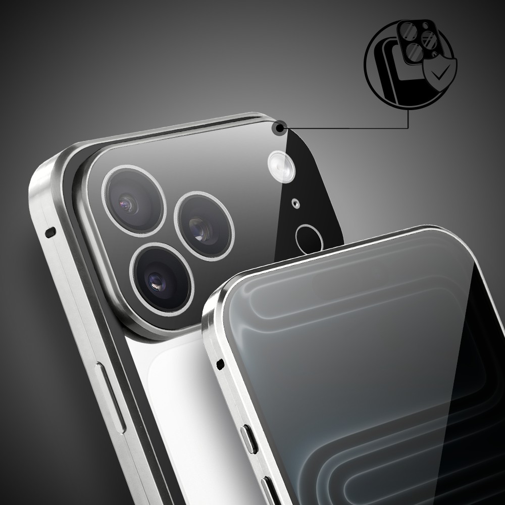 Obudowa do iPhone 17 Pro Max, podwójna szyba i aluminium 360° przód + tył magnetyczna, z osłoną aparatu i szkłem prywatyzującym, srebrna (4)