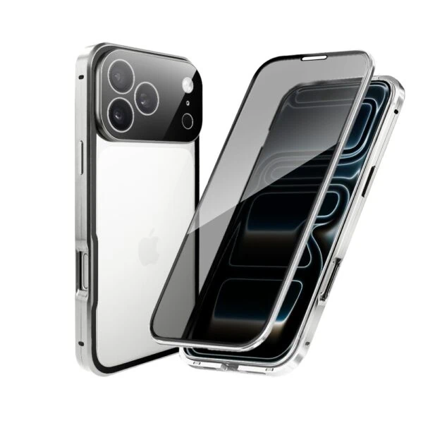 Obudowa do iPhone 17 Pro, podwójna szyba i aluminium 360° przód + tył magnetyczna, z osłoną aparatu i szkłem prywatyzującym, srebrna