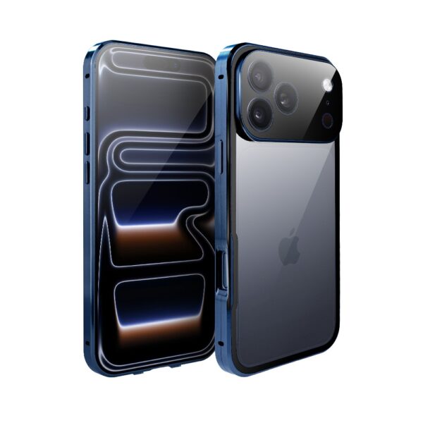Obudowa do iPhone 17 Pro podwójna szyba i polerowane aluminium 360° magnetyczna, z osłoną aparatu, granatowa