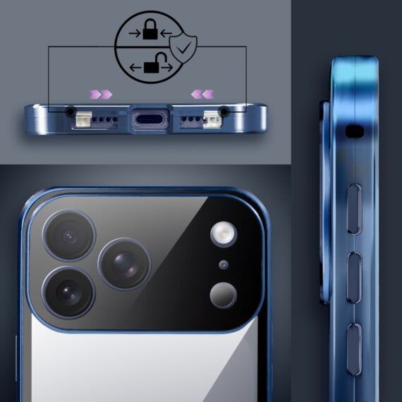 Obudowa do iPhone 17 Pro Max podwójna szyba i polerowane aluminium 360° magnetyczna, z osłoną aparatu, granatowa Obszar kompozycji 6