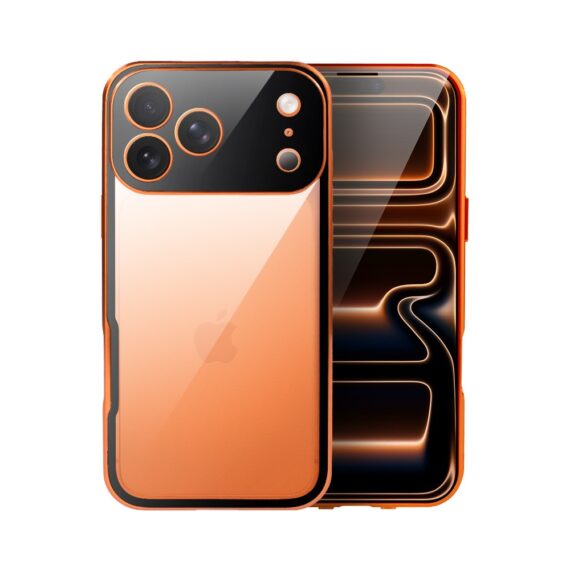 Obudowa do iPhone 17 Pro Max podwójna szyba i polerowane aluminium 360° magnetyczna, z osłoną aparatu, pomarańczowa Artboard 1