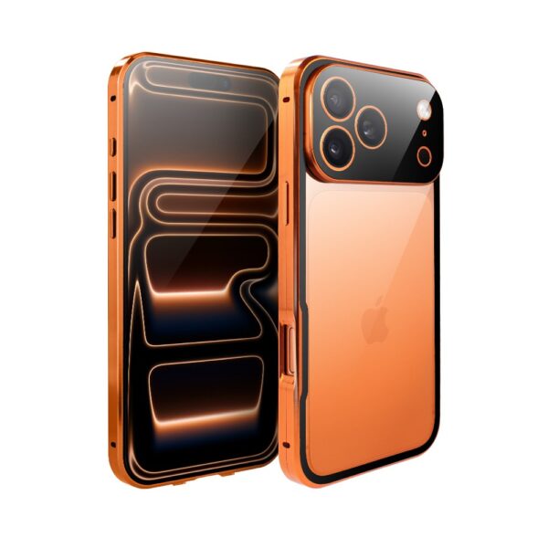 Obudowa do iPhone 17 Pro podwójna szyba i polerowane aluminium 360° magnetyczna, z osłoną aparatu, pomarańczowa