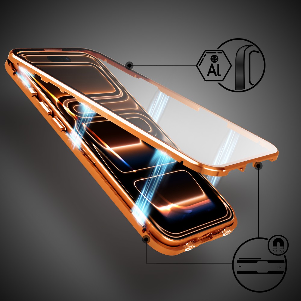 Obudowa do iPhone 17 Pro Max podwójna szyba i polerowane aluminium 360° magnetyczna, z osłoną aparatu, pomarańczowa Obszar kompozycji 2