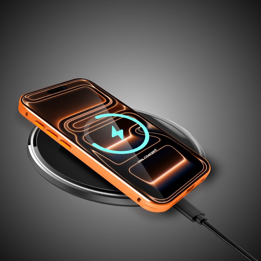 Obudowa do iPhone 17 Pro Max podwójna szyba i polerowane aluminium 360° magnetyczna, z osłoną aparatu, pomarańczowa Obszar kompozycji 7