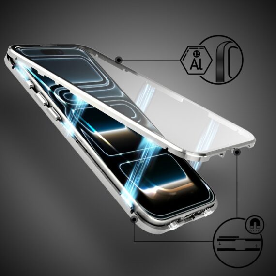 Obudowa do iPhone 17 Pro Max podwójna szyba i polerowane aluminium 360° magnetyczna, z osłoną aparatu, srebrna (1)